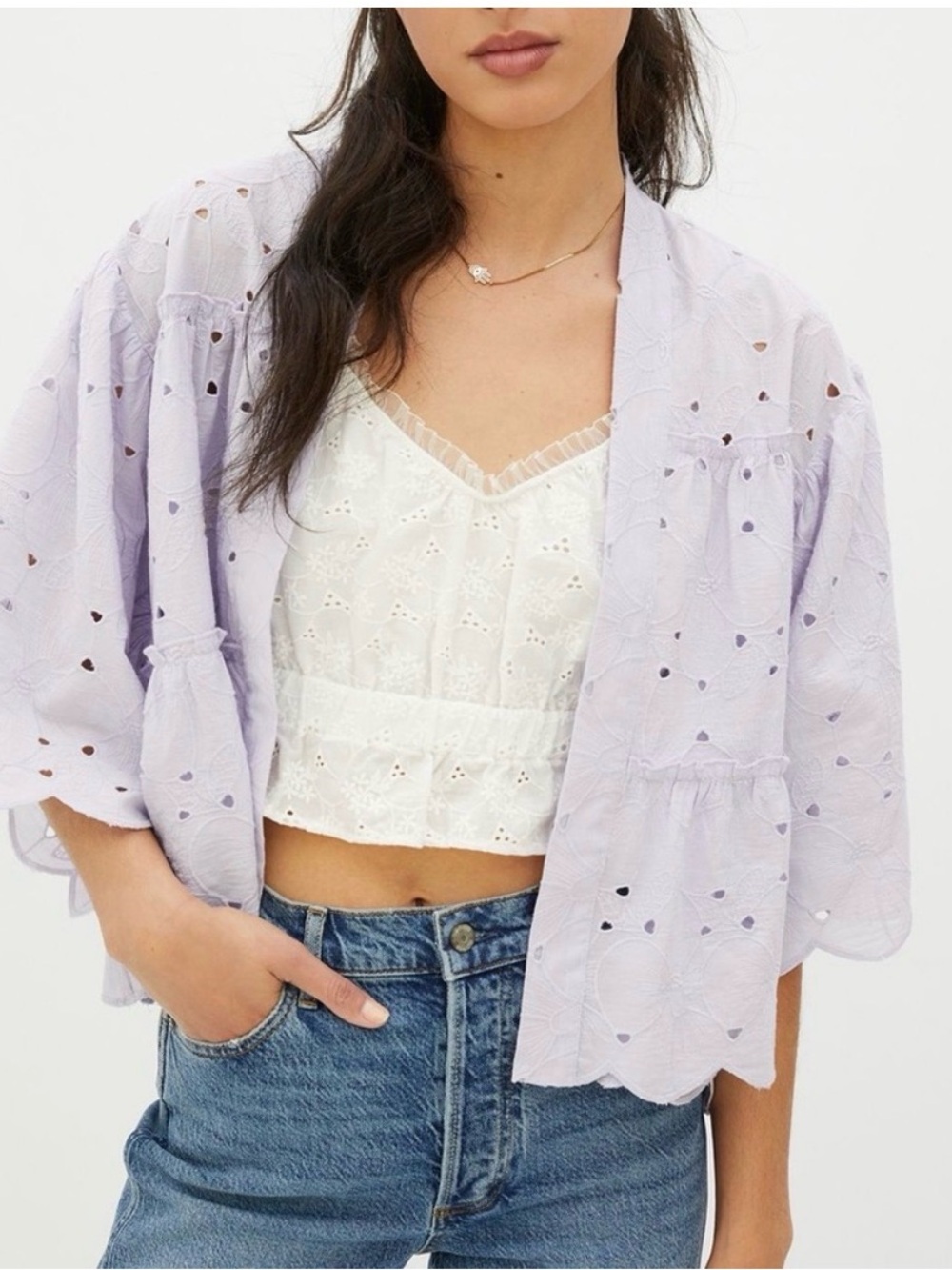 Anthropologie Lavender Eyelet Kimono Sleeve Top